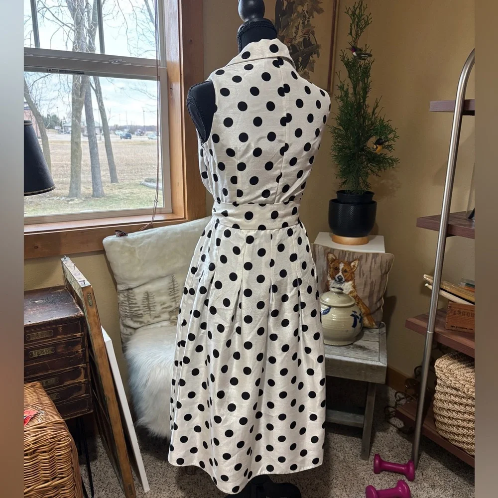 Jessica Howard White and Black Polka Dot Sleeveless Tie-Waist Midi Dress - Picture 2 of 3